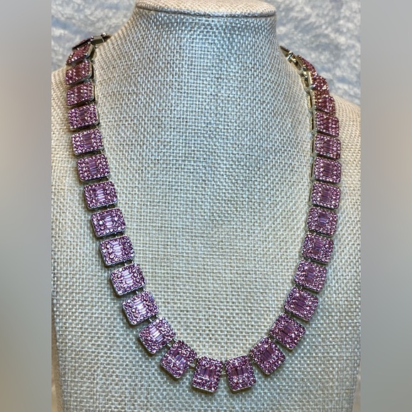 Stunning Pink Glass Rhinestone Statement Necklace Stainless Steel w Safety Clasp - Picture 5 of 13